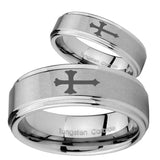 His Hers Christian Cross Step Edges Brushed Tungsten Personalized Ring Set