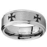 8mm 4 Maltese Cross Step Edges Brushed Tungsten Carbide Mens Wedding Band