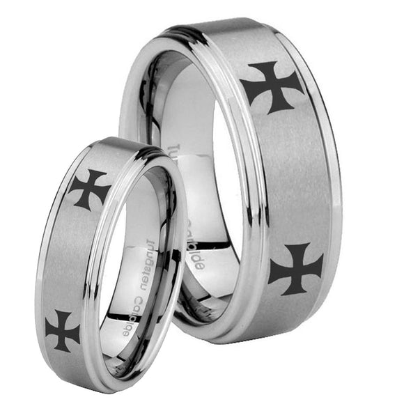 His Hers 4 Maltese Cross Step Edges Brushed Tungsten Custom Ring for Men Set