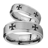 His Hers 4 Maltese Cross Step Edges Brushed Tungsten Custom Ring for Men Set