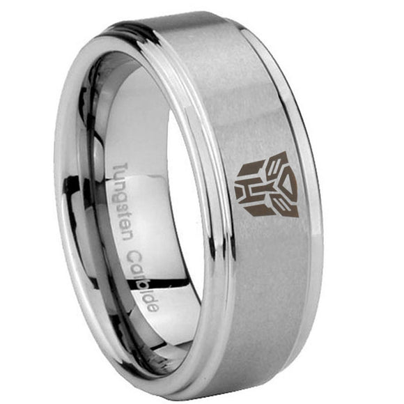 8mm Transformers Autobot Step Edges Brushed Tungsten Carbide Engraved Ring