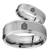 His Hers Army Sergeant Major Step Edges Brushed Tungsten Men's Wedding Ring Set