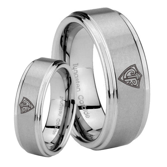 Bride and Groom CTR Step Edges Brushed Tungsten Carbide Engraved Ring Set