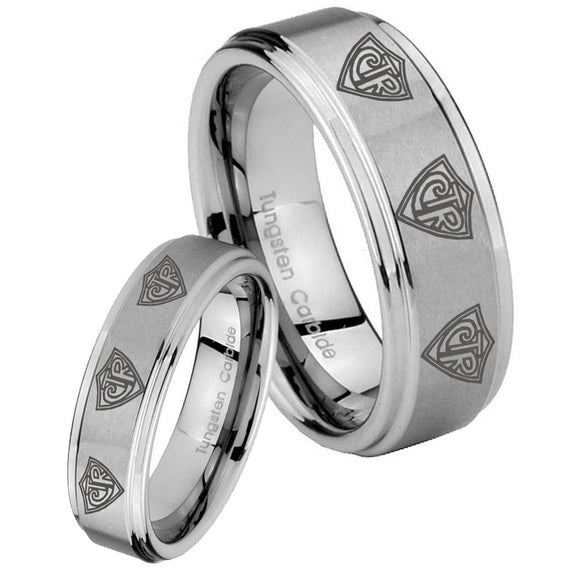 His and Hers Multiple CTR Step Edges Brushed Tungsten Wedding Band Mens Set