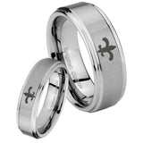 His and Hers Fleur De Lis Step Edges Brushed Tungsten Wedding Bands Ring Set