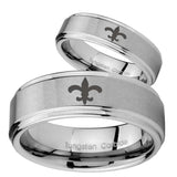 His and Hers Fleur De Lis Step Edges Brushed Tungsten Wedding Bands Ring Set