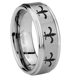 8mm Multiple Fleur De Lis Step Edges Brushed Tungsten Men's Wedding Ring