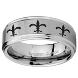 8mm Multiple Fleur De Lis Step Edges Brushed Tungsten Men's Wedding Ring