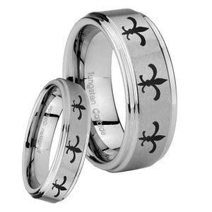 His Hers Multiple Fleur De Lis Step Edges Brushed Tungsten Men's Ring Set