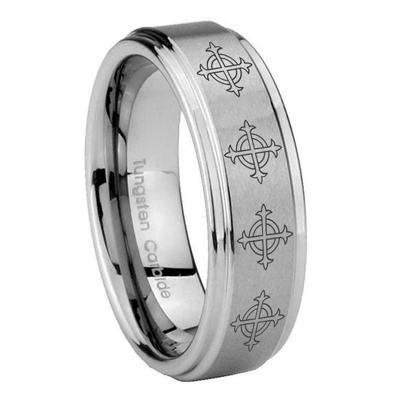 10mm Multiple Crosses Step Edges Brushed Tungsten Carbide Anniversary Ring