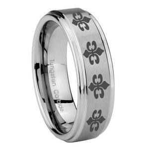 8mm Multiple Fleur De Lis Step Edges Brushed Tungsten Men's Engagement Ring