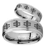 His Hers Multiple Fleur De Lis Step Edges Brushed Tungsten Wedding Band Ring Set