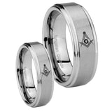 His Hers Master Mason Masonic Step Edges Brushed Tungsten Engraving Ring Set