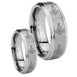 His Hers Multiple Master Mason Masonic Step Edges Brushed Tungsten Men Rings Set