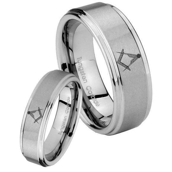 Bride and Groom Masonic Step Edges Brushed Tungsten Carbide Promise Ring Set