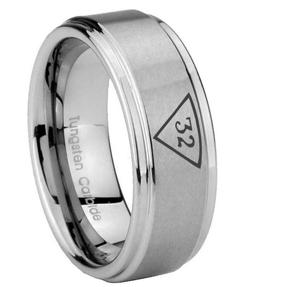 8mm Masonic 32 Triangle Freemason Step Edges Brushed Tungsten Carbide Men's Wedding Band