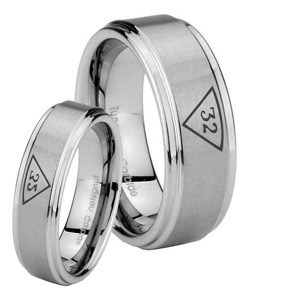 Bride and Groom Masonic 32 Triangle Freemason Step Edges Brushed Tungsten Carbide Engagement Ring Set