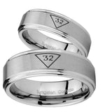 Bride and Groom Masonic 32 Triangle Freemason Step Edges Brushed Tungsten Carbide Engagement Ring Set