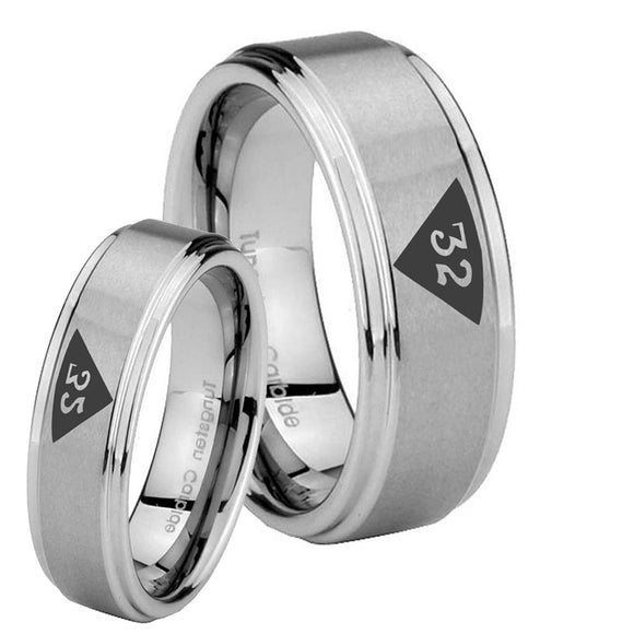 Bride and Groom Masonic 32 Triangle Design Freemason Step Edges Brushed Tungsten Carbide Engagement Ring Set
