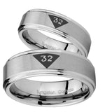 Bride and Groom Masonic 32 Triangle Design Freemason Step Edges Brushed Tungsten Carbide Engagement Ring Set