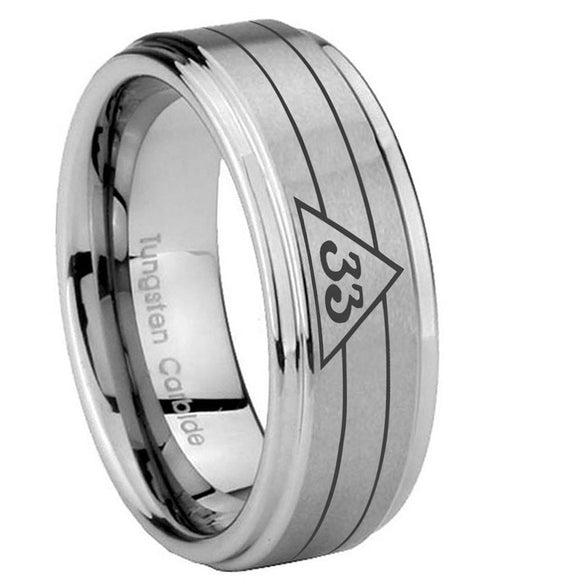 10mm Masonic 32 Duo Line Freemason Step Edges Brushed Tungsten Carbide Mens Anniversary Ring