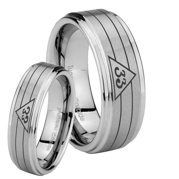 Bride and Groom Masonic 32 Duo Line Freemason Step Edges Brushed Tungsten Carbide Engagement Ring Set