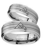 Bride and Groom Masonic 32 Duo Line Freemason Step Edges Brushed Tungsten Carbide Engagement Ring Set