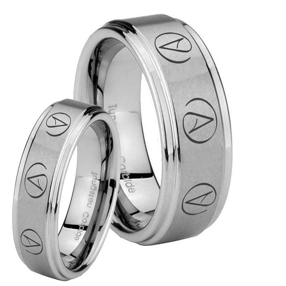 His Hers Atheist Design Step Edges Brushed Tungsten Ring Set