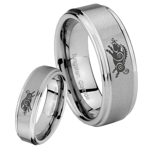 His Hers Wild Boar Step Edges Brushed Tungsten Men's Wedding Band Set