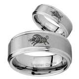 His Hers Wild Boar Step Edges Brushed Tungsten Men's Wedding Band Set