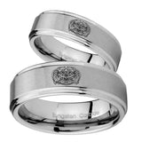 Bride and Groom Masonic 32 Degree Freemason Step Edges Brushed Tungsten Carbide Engagement Ring Set