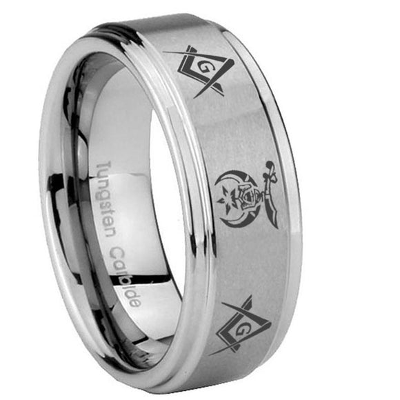 10mm Masonic Shriners Step Edges Brushed Tungsten Carbide Personalized Ring