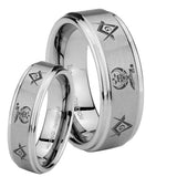 His Hers Masonic Shriners Step Edges Brushed Tungsten Mens Engagement Band Set