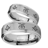 His Hers Masonic Shriners Step Edges Brushed Tungsten Mens Engagement Band Set