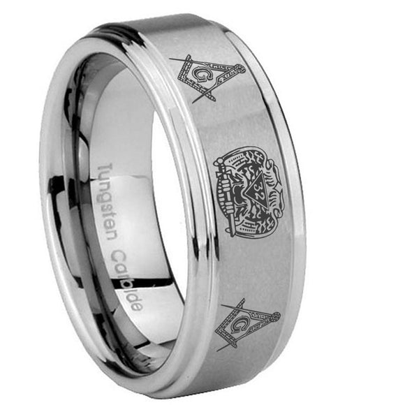 8mm Masonic 32 Design Step Edges Brushed Tungsten Carbide Custom Ring for Men