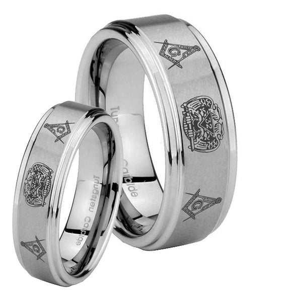 His Hers Masonic 32 Design Step Edges Brushed Tungsten Mens Ring Engraved Set