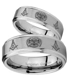 His Hers Masonic 32 Design Step Edges Brushed Tungsten Mens Ring Engraved Set