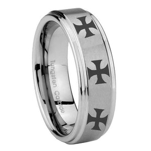 10mm Multiple Maltese Cross Step Edges Brushed Tungsten Custom Mens Ring