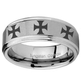 8mm Multiple Maltese Cross Step Edges Brushed Tungsten Carbide Men's Ring