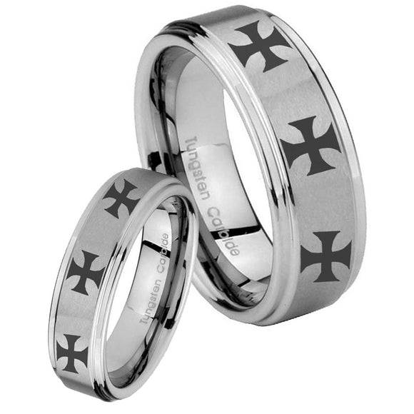 His Hers Multiple Maltese Cross Step Edges Brushed Tungsten Anniversary Ring Set