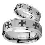 His Hers Multiple Maltese Cross Step Edges Brushed Tungsten Anniversary Ring Set