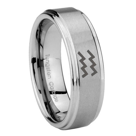 8mm Aquarius Horoscope Step Edges Brushed Tungsten Men's Engagement Ring