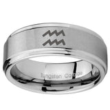 8mm Aquarius Horoscope Step Edges Brushed Tungsten Men's Engagement Ring