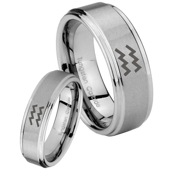 Bride and Groom Aquarius Horoscope Step Edges Brushed Tungsten Mens Ring Set