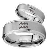 Bride and Groom Aquarius Horoscope Step Edges Brushed Tungsten Mens Ring Set