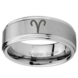 8mm Aries Zodiac Step Edges Brushed Tungsten Carbide Mens Promise Ring