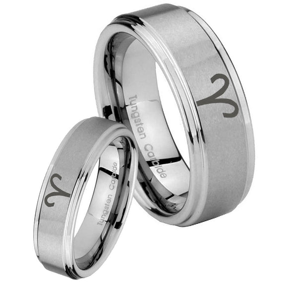 Bride and Groom Aries Zodiac Step Edges Brushed Tungsten Carbide Men's Ring Set