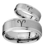 Bride and Groom Aries Zodiac Step Edges Brushed Tungsten Carbide Men's Ring Set