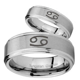 His Hers Cancer Horoscope Step Edges Brushed Tungsten Mens Ring Engraved Set