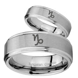 His Hers Capricorn Zodiac Step Edges Brushed Tungsten Mens Ring Personalized Set